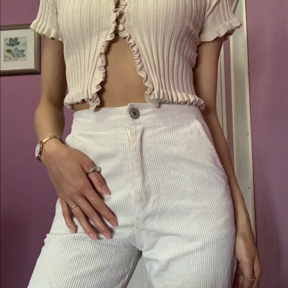 White crop corduroy pants